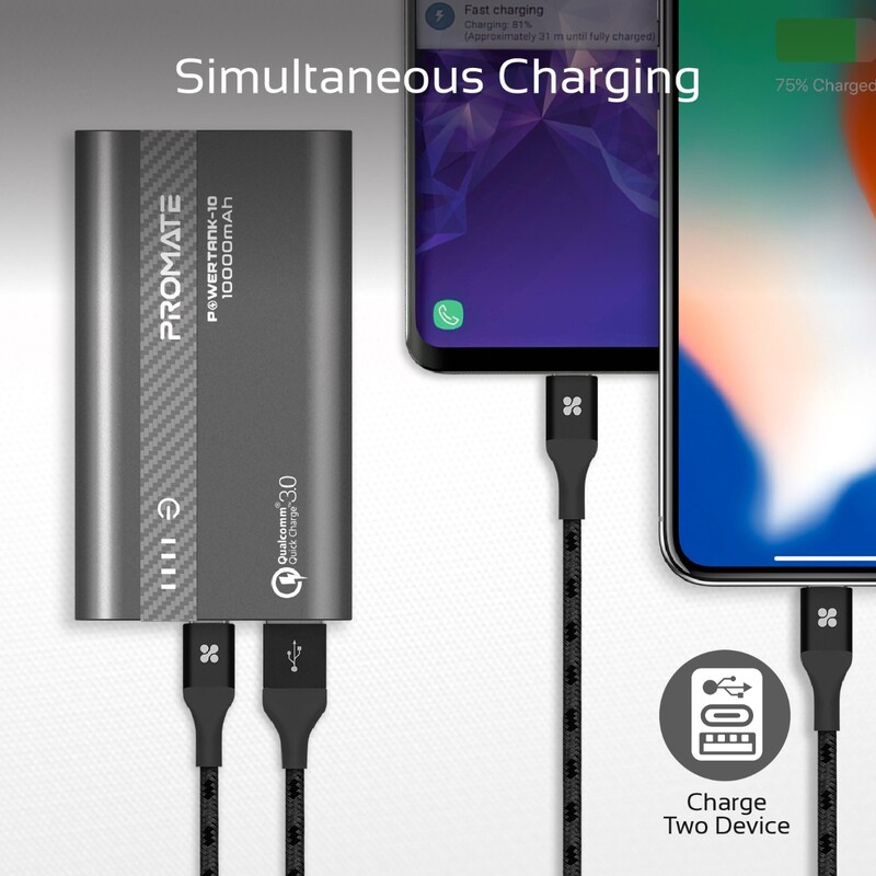 Promate 10000mAh PowerTank-10 USB-C Power Bank, Compact Palm Size 18W USB Type-C Input /Output Power Delivery External Battery Charger with QC 3.0 Port for iPhone XS /XS Max, Samsung S9/S9+, Grey